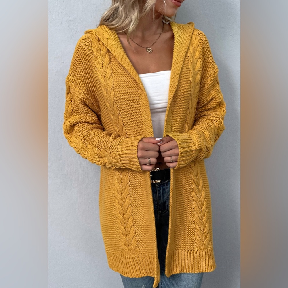 Cable-Knit Dropped Shoulder Hooded Cardigan
